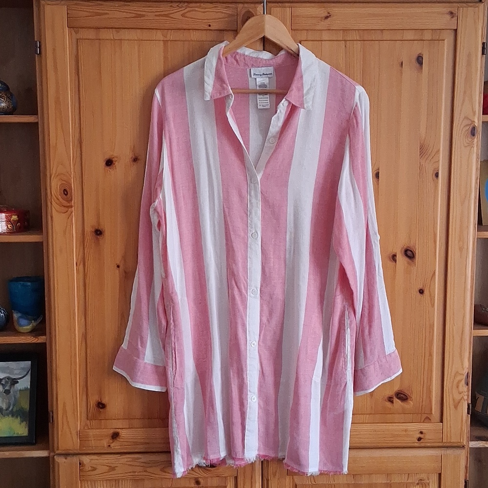 Tommy Bahama Pink White Stripe Linen Blend Preppy Boyfriend Shirt Dress Size XL - Picture 1 of 10